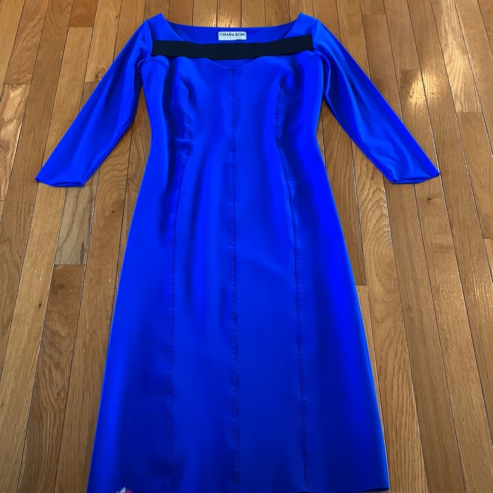 Chiara Boni Royal Blue Off-Shoulder Sheath Dress with Black Trim